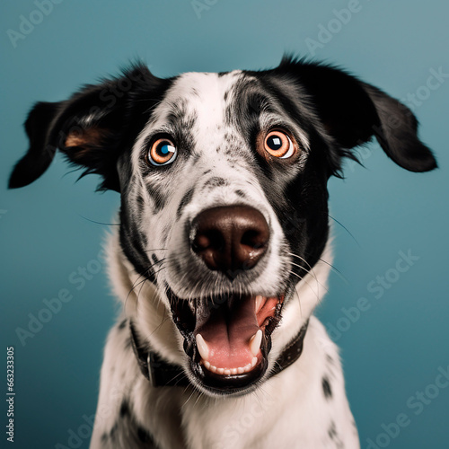 cool, funny portrait of dog in front of dark background