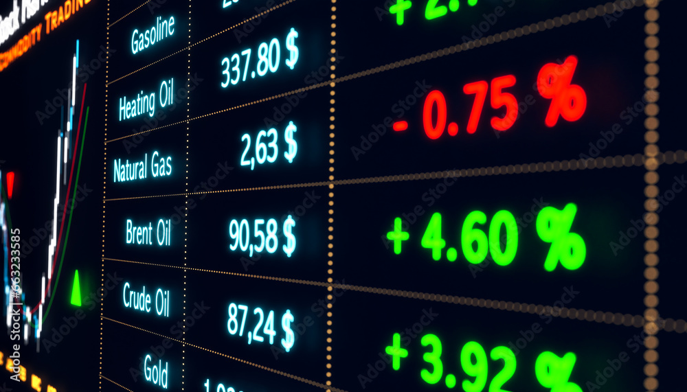 Obraz premium Brent crude oil and natural gas price. Commodity exchange monitor, trading, business, financial figures, chart. Energy commodity concept.
