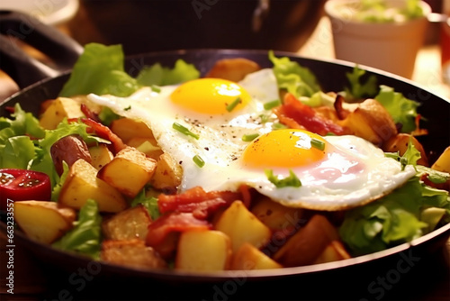 Delicious brunch breakfast, potatoes, fried eggs