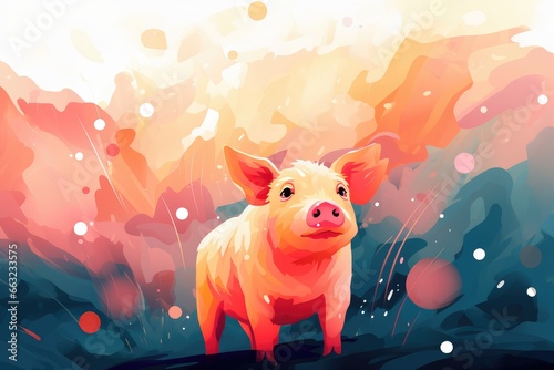 Illustration of a pig in the wild nature. Abstract background for Pig Day. 