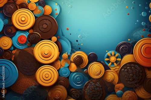 Colorful abstract background with circles and waves of chocolate on a blue background with copyspace. National Chocolate Day.  photo