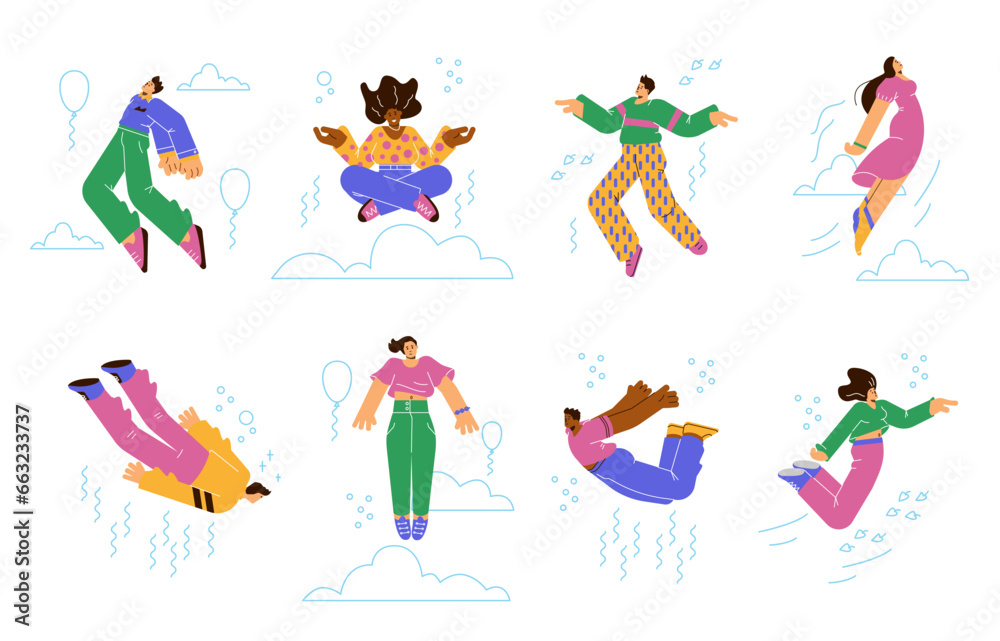 Set of Vector disproportionate characters inspired happy person in free flight. Energy aspirations, ambitions concept with doodle clouds