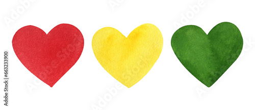 Watercolor set of 3 hearts kwanzaa. Red, green and yellow. Hand drawn watercolor illustration isolated on transparent.