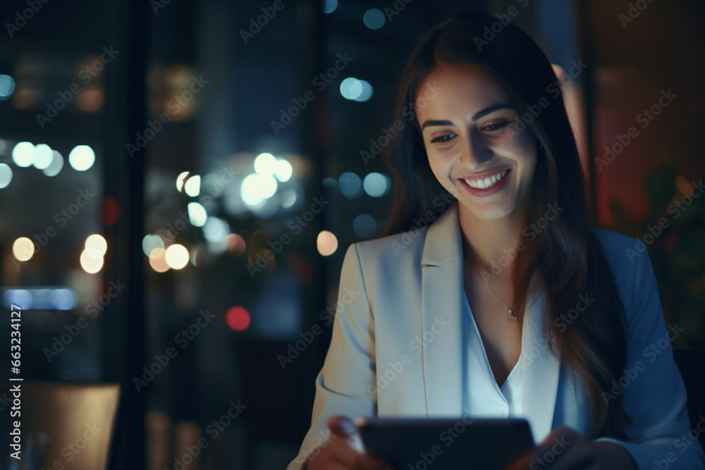 Happy, tablet and night with woman office for technology, corporate and communication, Social media, connection and internet with business female and search online for networking, email and website Happy, tablet and night with woman office for technology, corporate and communication, Social media, connection and internet with business female and search online for networking, email and website