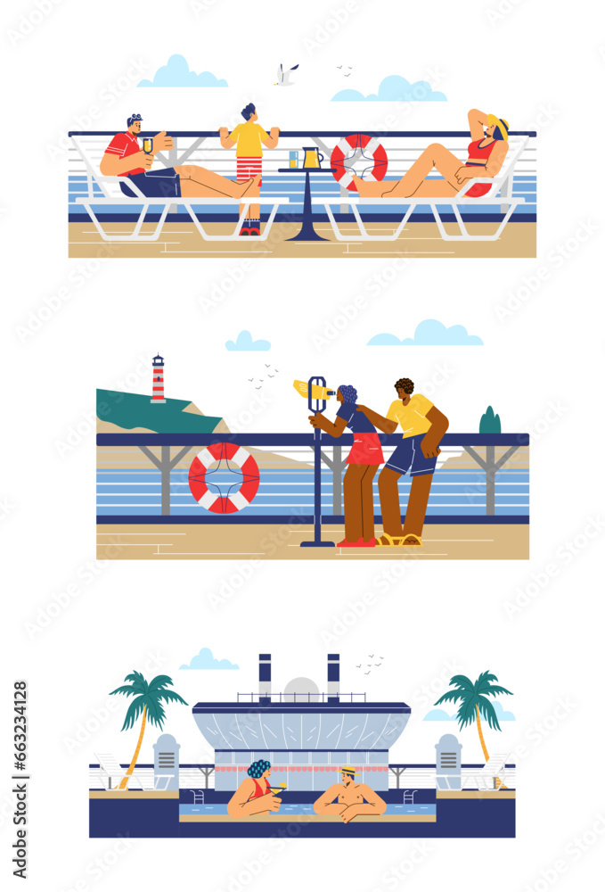 People enjoying cruise vacation, set of landscapes - flat vector illustration on white background.