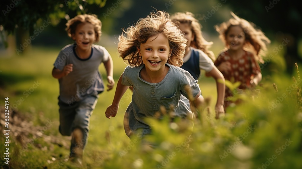 Fototapeta premium a group of 7-year-old children runs 