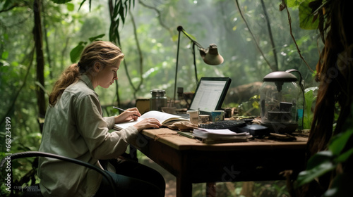A Lady Writer Working on Her Desk in The Middle of The Rainforest Background Selective Focus