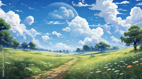 meadow with a sky full of clouds  anime style 