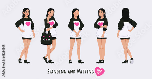 Asian girl, korean narrow eye woman standing, waiting pose set. Wearing cute outfit, oversized crewneck, loose sweatshirt, long sleeve, shorts. Cool looking teenager. Cartoon character illustration