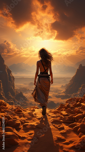 A Gorgeous Women Walking Alone Through Big Mountains Abstract Art Background