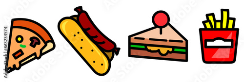 Pizza slice, hot dog, sandwich and fries icons. Line art style editable vector graphics. Menu design website design concept.
