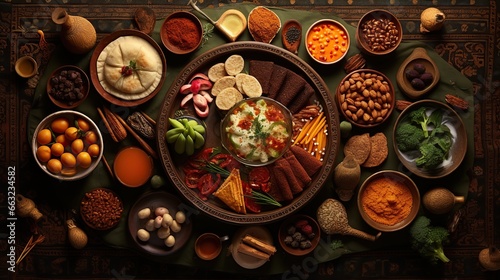 Arabian Food  Traditional Middle Eastern Lunch  Food that Muslims eat after sunset during Ramadan. an assortment of oriental Arab foods. Close-up top view. Generative AI