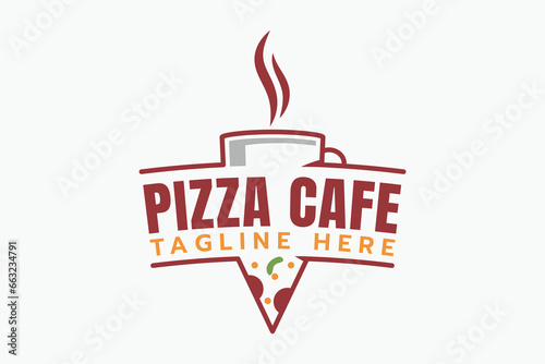 pizza cafe logo with a combination of a slice of pizza and a cup of coffee