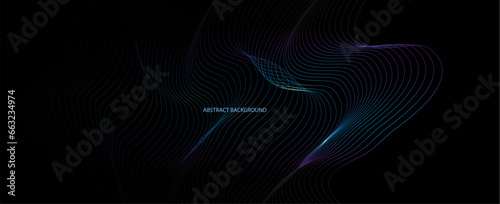 Vector wave lines pattern smooth curve flowing dynamic light isolated on black background,