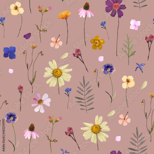 Dried flowers pattern, seamless wild flowers, pressed flowers, bouqets. Floral background for wrapping paper, textile, wallpaper, cards. © yuslept