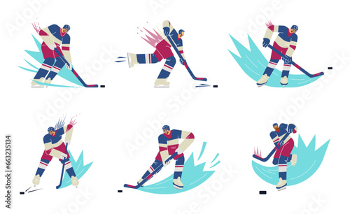 Vector set isolated illustrations of hockey player with motion lines on the ice, picks up the puck with hockey stick