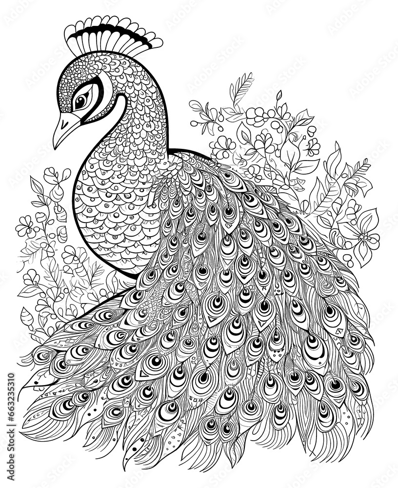 Fototapeta premium Black and white illustration for coloring birds, peacock.