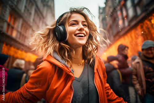 Movimiento y música, retrato de hermosa joven feliz bailando y escuchando música con cascos en medio de una calle en la ciudad.