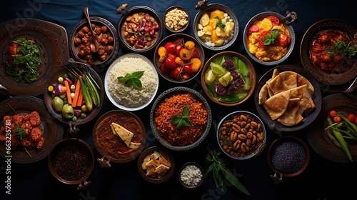 Arabian Food: Traditional Middle Eastern Lunch, Food that Muslims eat after sunset during Ramadan. an assortment of oriental Arab foods. Close-up top view. Generative AI photo