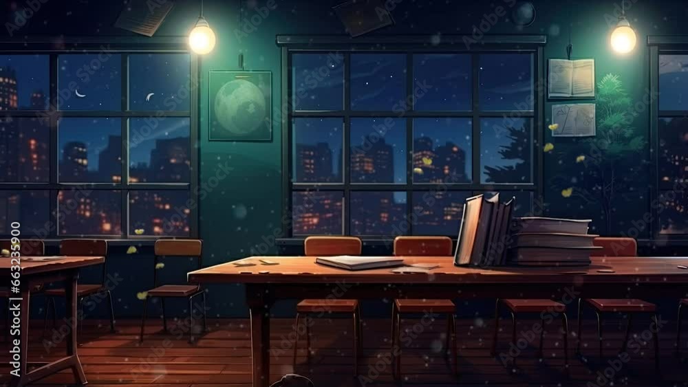 back to school concept with classroom in the night background with anime or cartoon style. seamless looping time-lapse virtual video animation background. back to school concept with classroom in the night background with anime or cartoon style. seamless looping time-lapse virtual video animation background.