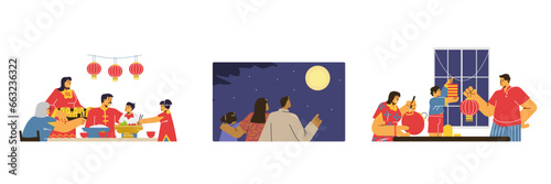 Vector set illustrations Asian family enjoy tasty traditional dishes on mid autumn festival, Happy moon festival