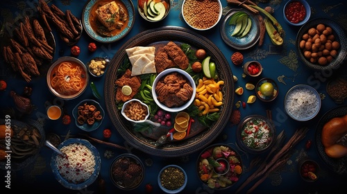 Arabian Food: Traditional Middle Eastern Lunch, Food that Muslims eat after sunset during Ramadan. an assortment of oriental Arab foods. Close-up top view. Generative AI