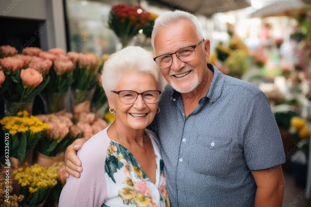 Obraz premium Elderly Lovebirds Grinning at Flower Shop