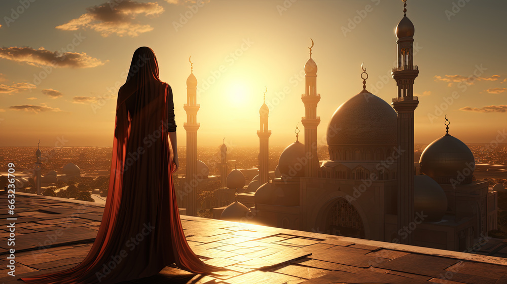 A Women Standing At An Islamic Shrine in Samarra Cityscape in Background Selective Focus - obrazy, fototapety, plakaty 