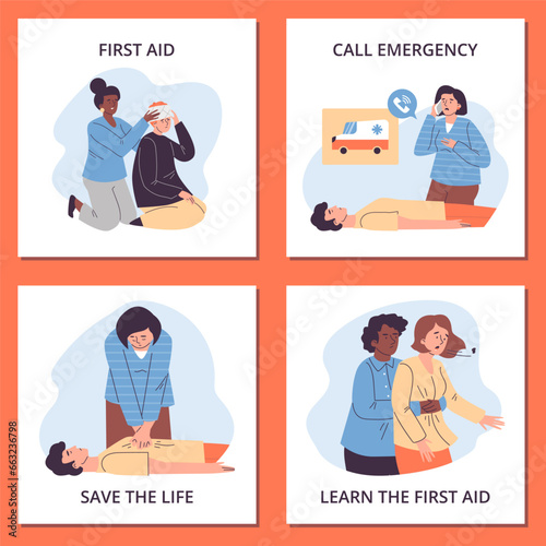 Set of squared banners about first aid people flat style, vector illustration