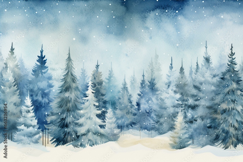 A continuous border of watercolor in blue tones with snow-covered spruce and fir trees. A festive print featuring a wintery forest. Generative AI