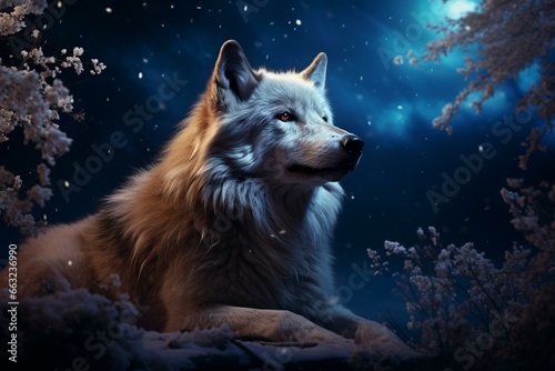 Peaceful wolf resting beneath twinkling night sky. Generative AI