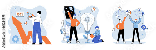 Successful project launch. Vector illustration. Project launch startup, birth of promising new venture A development project idea, ray of light that cilluminate path to innovation Project launch
