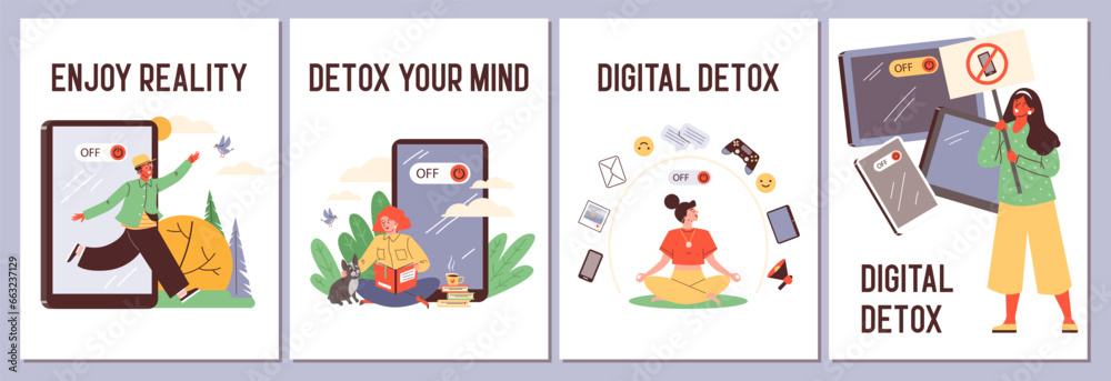 Set of posters or vertical banners about digital detox flat style