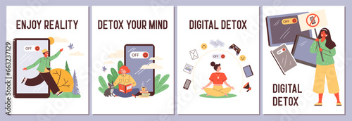 Set of posters or vertical banners about digital detox flat style