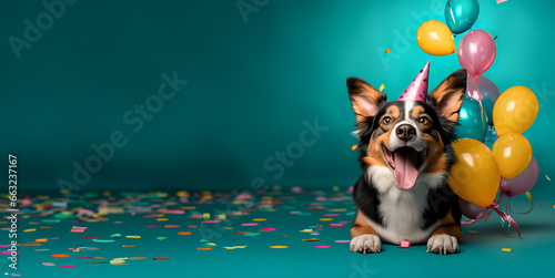 Happy Funny dog wearing a party hat, birthday celebration card. Happy pets. Copyspace. Cute Dog. Generated image