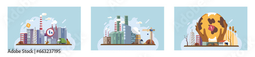 Industrial pollution. Dirty waste. Environmental pollution. Vector illustration. Factory emitting smoke is common sight near industrial zones Toxic waste chemicals are being dumped into rivers
