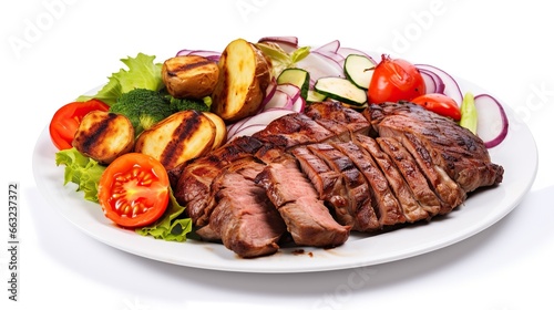 Grilled meat with vegetable salad plated on white background