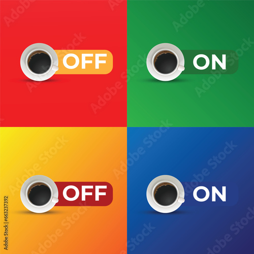 ON and OFF switch buttons made of coffee cups against red green orange blue backgrounds. Flat lay, copy space. Good morning. Coffee art. Minimal design. Before and after coffee. Power on.