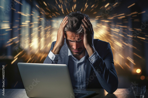 Headache, businessman and laptop, stress and burnout, tech glitch or mental health problem at office desk, Frustrated, confused and anxiety worker, computer and online mistake, tax crisis and failure