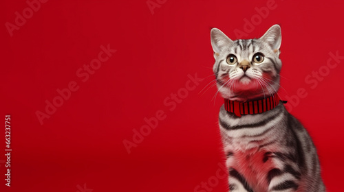 cat christmas background in green and red christmas background. generative ai