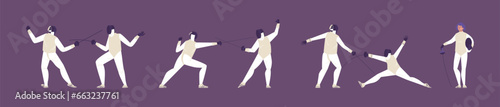 Set of fencers in different poses flat style, vector illustration