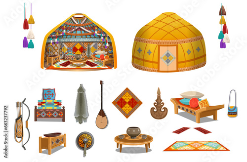 Interior of a traditional Kazakh yurt house inside, aul. Interior of a yurt with a bed, table, wardrobe, wash basin, dombra, wolf skin. Cozy interior in cartoon style.