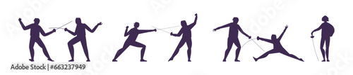 Set of various silhouette poses of Fencing duel competition, Vector fencing players illustration on white background
