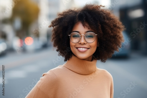 Energetic African American Woman with Curly Hair on Urban Street