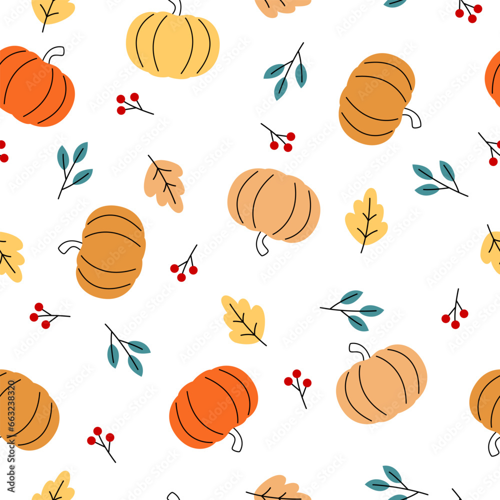 Seamless pumpkins with fall leaves and red berry