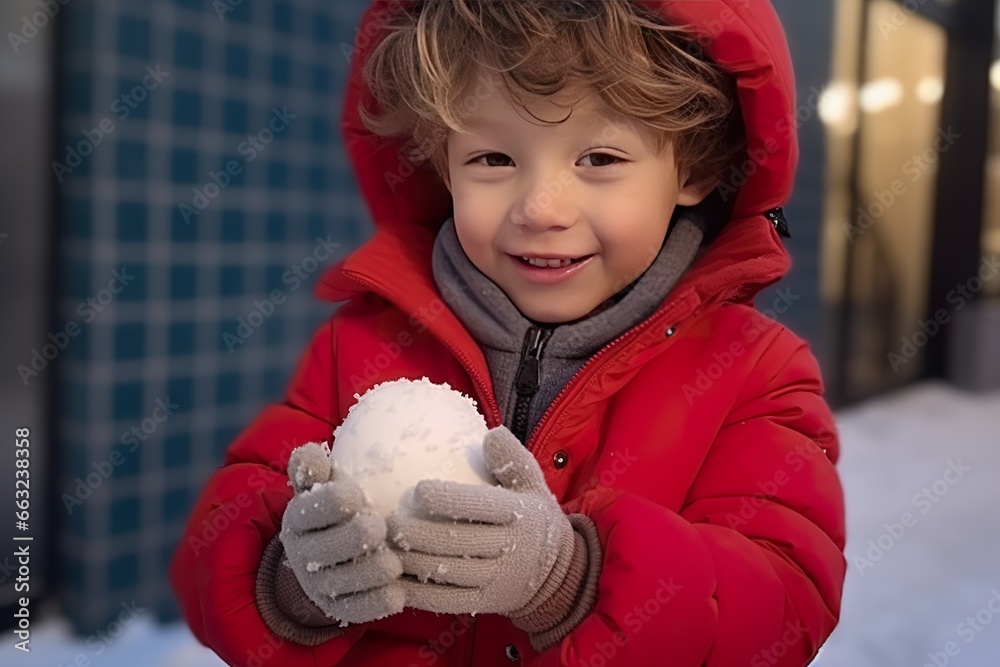 a little boy in a red coat and gloves holding a snowball a little boy in a red coat and gloves holding a snowball