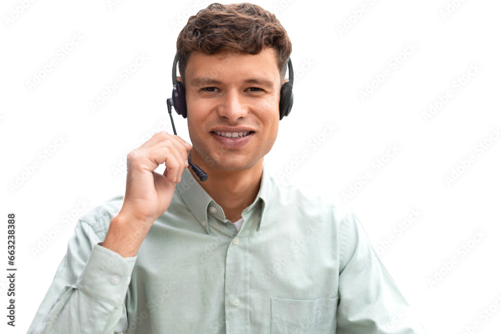 Happy young male customer support executive working on a transparent background Happy young male customer support executive working on a transparent background
