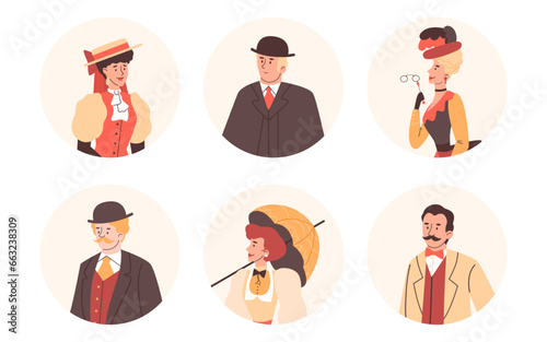 Nineteenth century gentlemen and ladies set, flat vector illustration isolated.