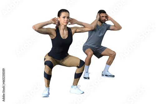 Fitness couple in sportswear doing squat exercises on a transparent background