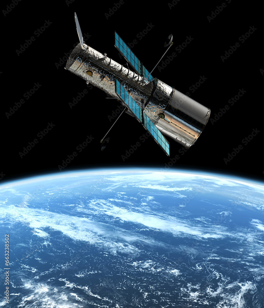 Space, earth and satellite in orbit for communication, surveillance and global research. Aerospace, engineering and spacecraft for data transmission, tracking and navigation for planet observation. - obrazy, fototapety, plakaty 